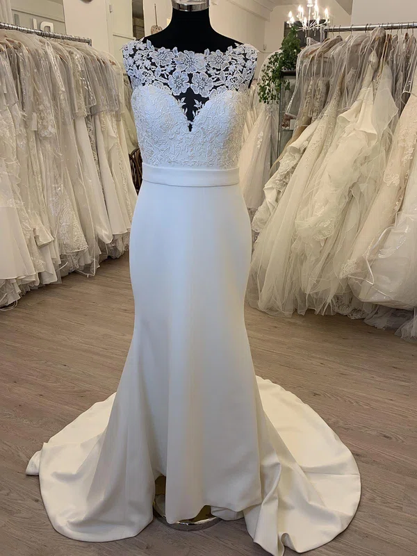 Sheath/Column Illusion Stretch Crepe Sweep Train Wedding Dress With Appliques Lace #UKM00028512