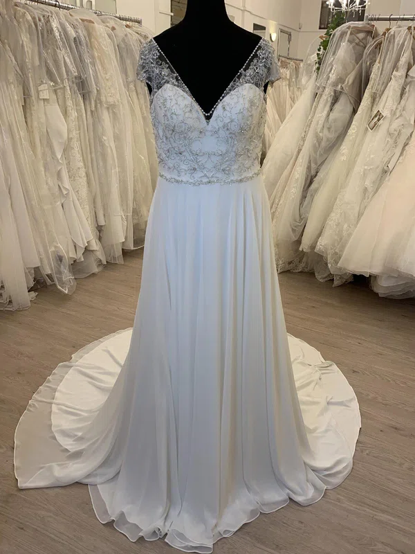 A-line V-neck Chiffon Sweep Train Wedding Dress With Beading #UKM00028513