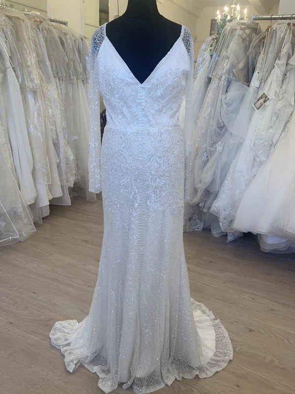 Sheath/Column V-neck Glitter Sweep Train Wedding Dress #UKM00028516
