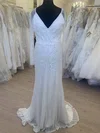 Sheath/Column V-neck Glitter Sweep Train Wedding Dress #UKM00028516