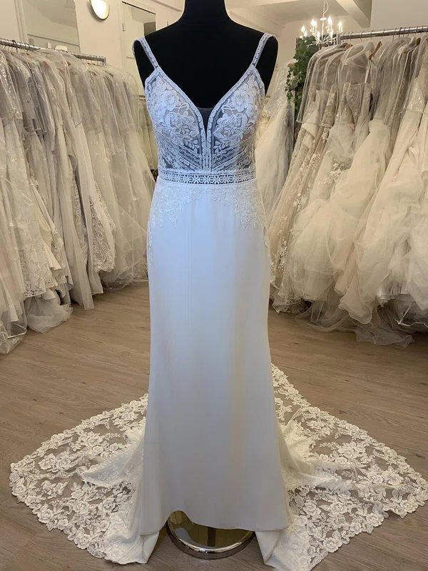 Sheath/Column V-neck Stretch Crepe Court Train Wedding Dress With Appliques Lace #UKM00028518