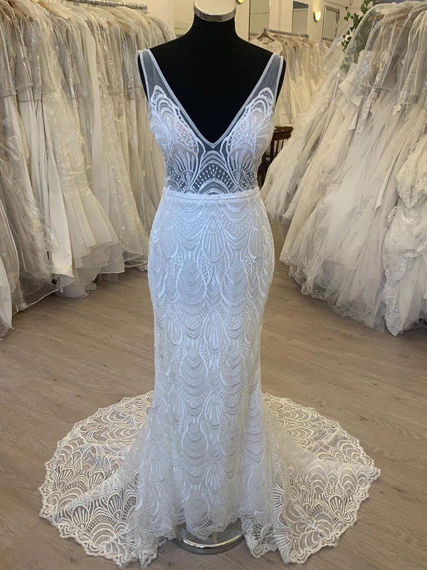 Sheath/Column V-neck Lace Court Train Wedding Dress #UKM00028519
