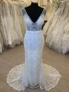 Sheath/Column V-neck Lace Court Train Wedding Dress #UKM00028519