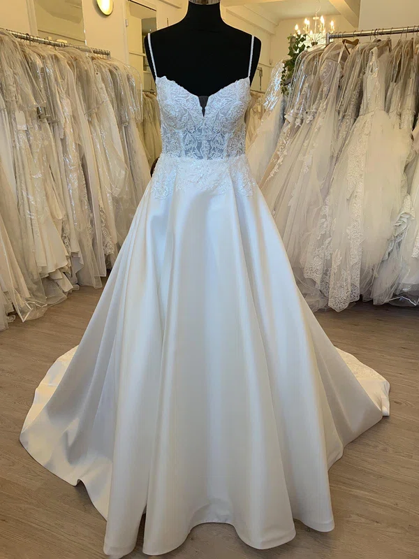 Ball Gown/Princess V-neck Satin Court Train Wedding Dress With Appliques Lace #UKM00028520