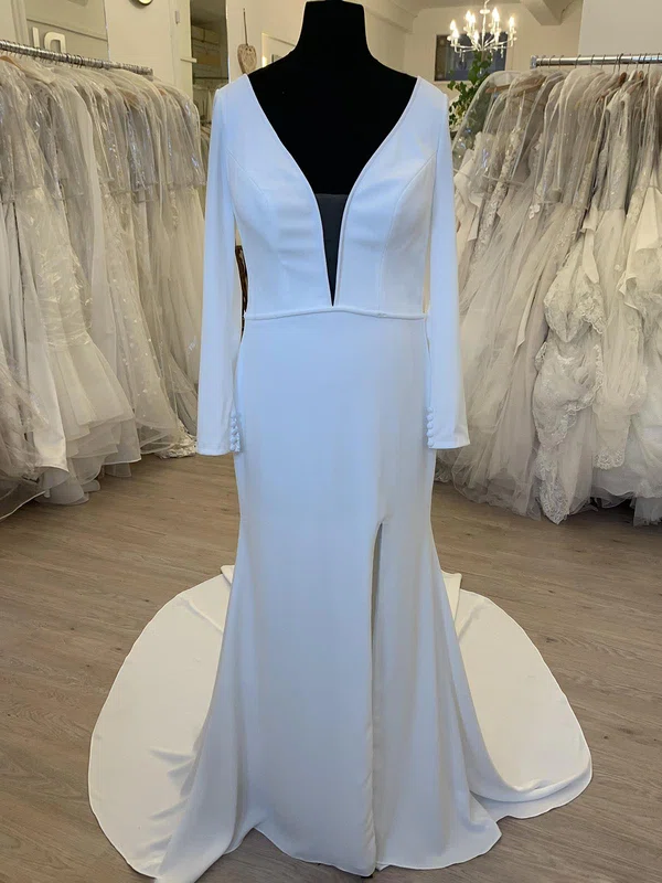 Sheath/Column V-neck Satin Chiffon Sweep Train Wedding Dress With Split Front #UKM00028523
