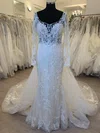 Trumpet/Mermaid Illusion Tulle Watteau Train Wedding Dress With Appliques Lace #UKM00028526