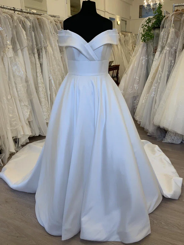 Ball Gown/Princess Off-the-shoulder Satin Sweep Train Wedding Dress With Ruched #UKM00028529