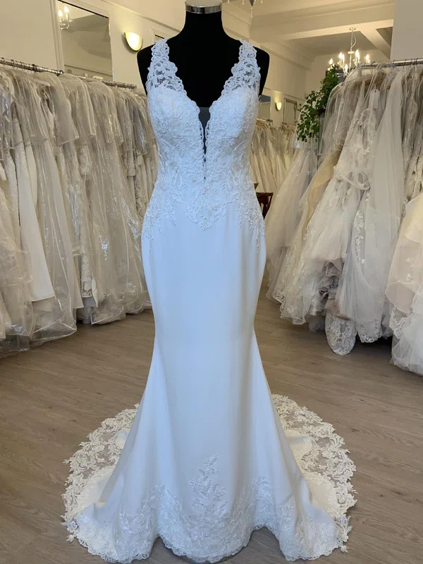 Trumpet/Mermaid V-neck Stretch Crepe Sweep Train Wedding Dress With Appliques Lace #UKM00028530