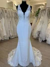 Trumpet/Mermaid V-neck Stretch Crepe Sweep Train Wedding Dress With Appliques Lace #UKM00028530