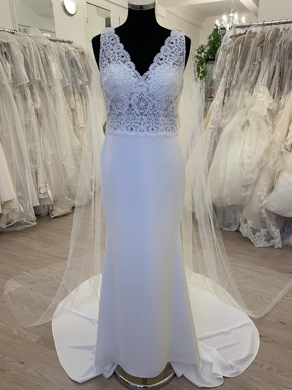 Sheath/Column V-neck Lace Stretch Crepe Sweep Train Wedding Dress #UKM00028532