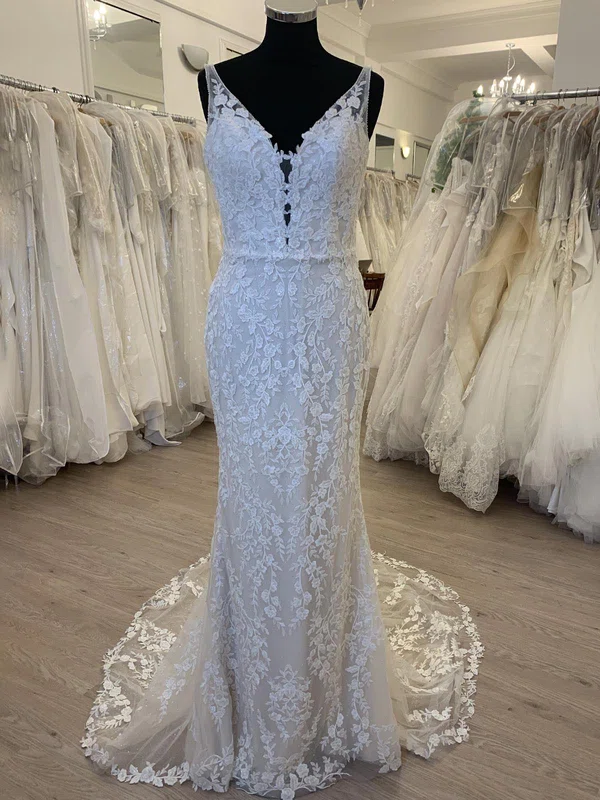 Sheath/Column V-neck Glitter Sweep Train Wedding Dress With Appliques Lace #UKM00028534