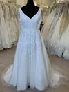 Ball Gown/Princess V-neck Glitter Sweep Train Wedding Dress With Appliques Lace #UKM00028535