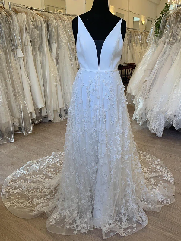 A-line V-neck Tulle Stretch Crepe Sweep Train Wedding Dress With Appliques Lace #UKM00028538