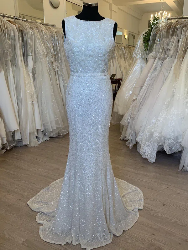 Sheath/Column Scoop Neck Sequin Sweep Train Wedding Dress With Beading #UKM00028540