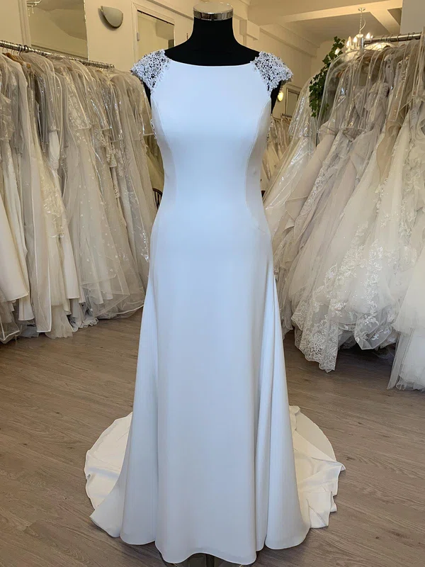 Sheath/Column Scoop Neck Stretch Crepe Sweep Train Wedding Dress With Appliques Lace #UKM00028541