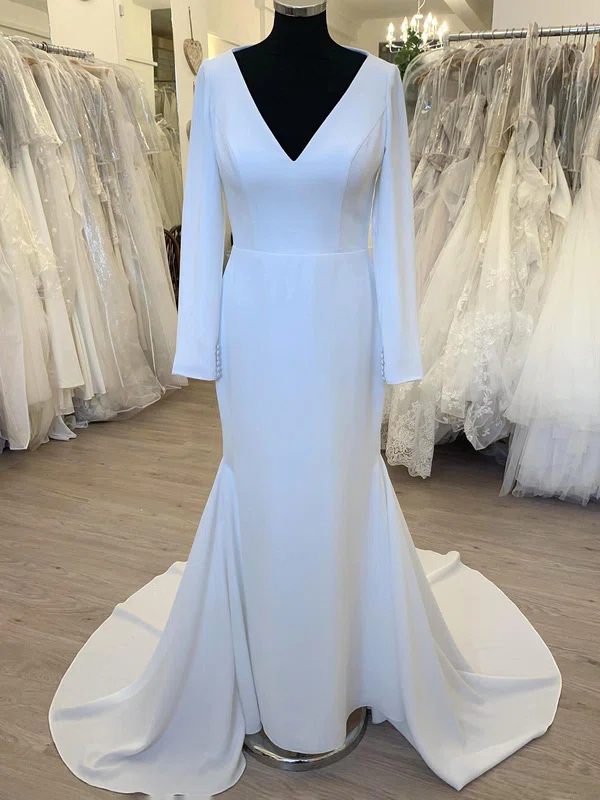 Sheath/Column V-neck Stretch Crepe Sweep Train Wedding Dress #UKM00028544