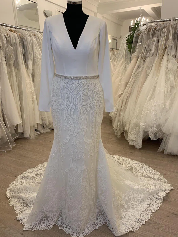 Trumpet/Mermaid V-neck Lace Sweep Train Wedding Dress With Beading #UKM00028547