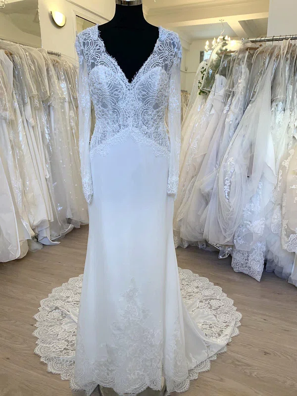 Sheath/Column V-neck Chiffon Sweep Train Wedding Dress With Appliques Lace #UKM00028549
