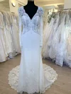 Sheath/Column V-neck Chiffon Sweep Train Wedding Dress With Appliques Lace #UKM00028549