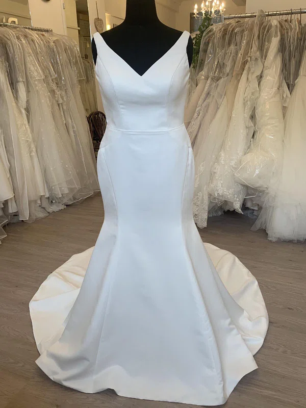 Trumpet/Mermaid V-neck Satin Sweep Train Wedding Dress With Pockets #UKM00028551