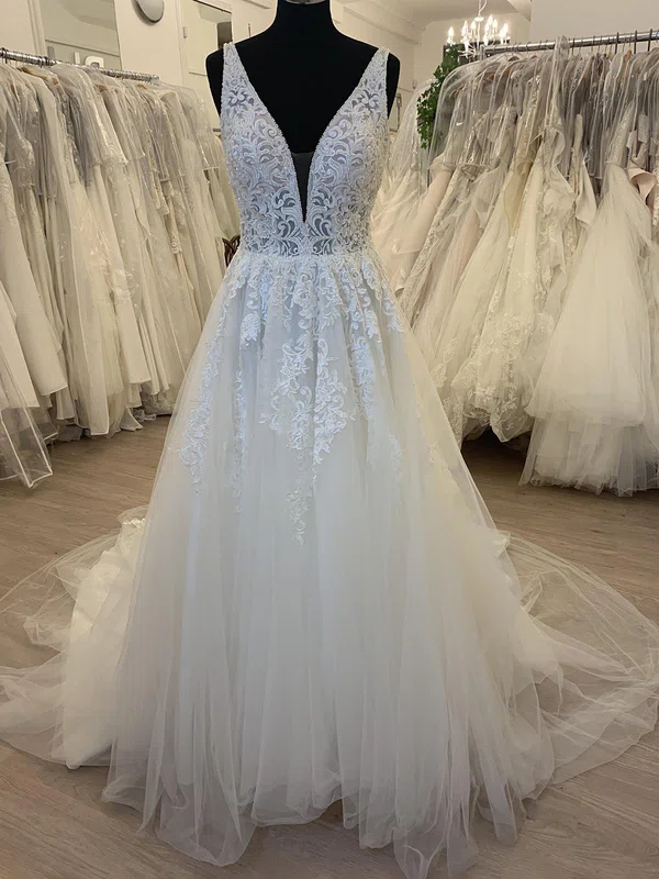 Ball Gown/Princess V-neck Tulle Court Train Wedding Dress With Pearl Detailing #UKM00028552