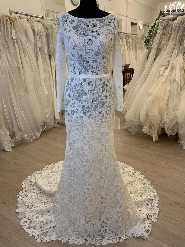 Sheath/Column Scoop Neck Lace Sweep Train Wedding Dress #UKM00028554