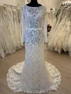 Sheath/Column Scoop Neck Lace Sweep Train Wedding Dress #UKM00028554