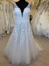 Ball Gown/Princess V-neck Glitter Sweep Train Wedding Dress With Ruched #UKM00028556