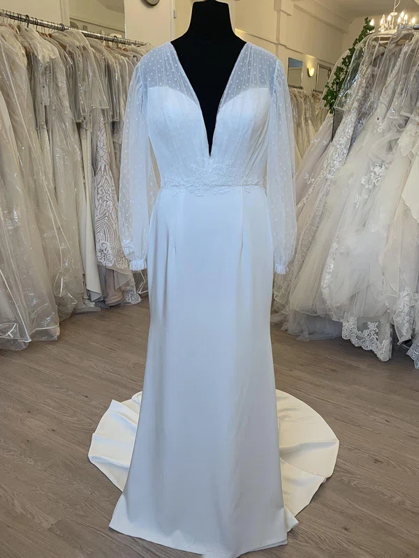 Sheath/Column V-neck Satin Sweep Train Wedding Dress With Appliques Lace #UKM00028560