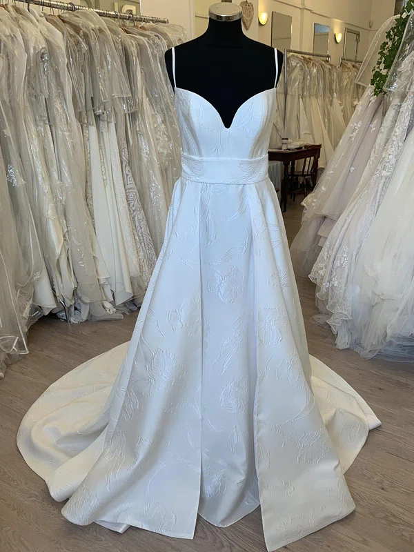 Ball Gown/Princess V-neck Satin Sweep Train Wedding Dress With Flower(s) #UKM00028561