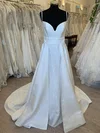 Ball Gown/Princess V-neck Satin Sweep Train Wedding Dress With Flower(s) #UKM00028561