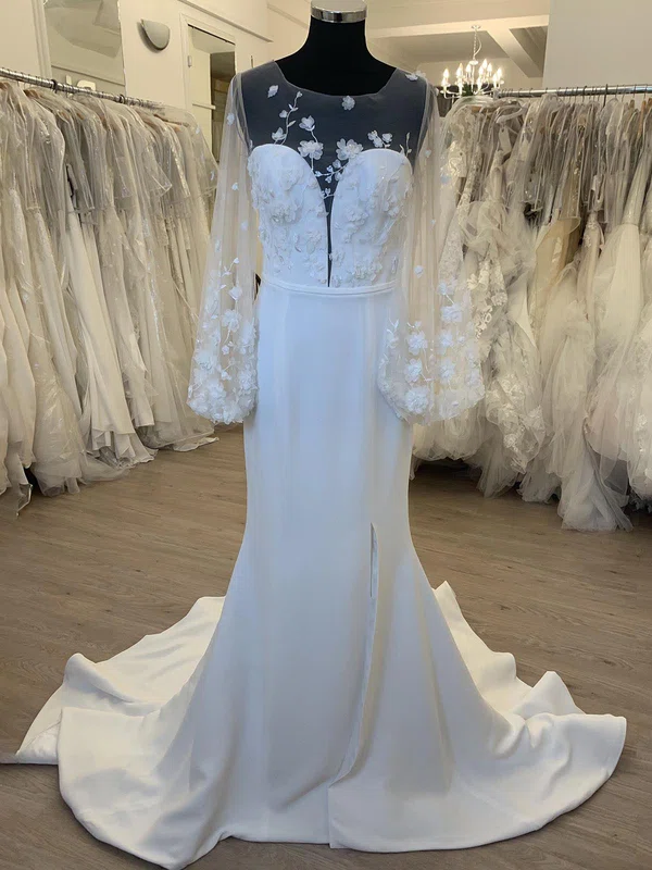 Sheath/Column Illusion Stretch Crepe Sweep Train Wedding Dress With Split Front #UKM00028563