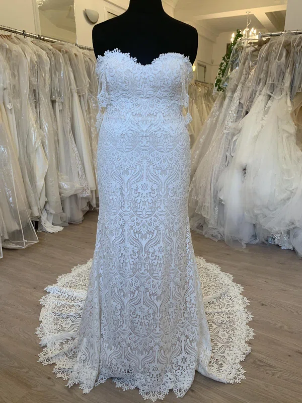Sheath/Column Off-the-shoulder Lace Sweep Train Wedding Dress #UKM00028565