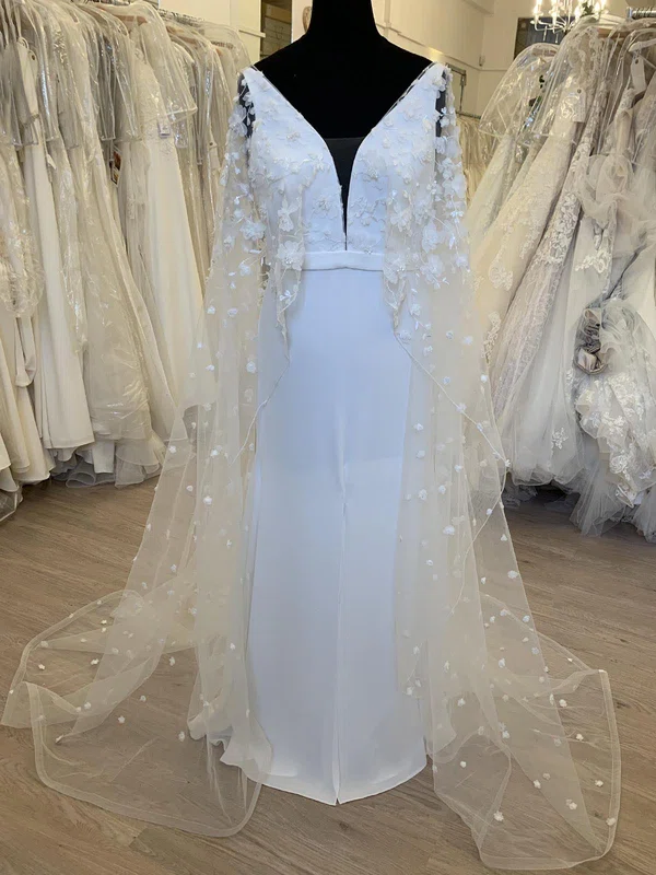 Sheath/Column V-neck Chiffon Court Train Wedding Dress With Flower(s) #UKM00028566