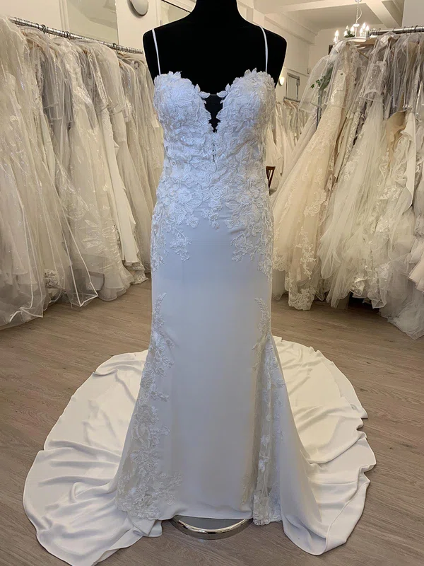 Sheath/Column Sweetheart Satin Court Train Wedding Dress With Appliques Lace #UKM00028567