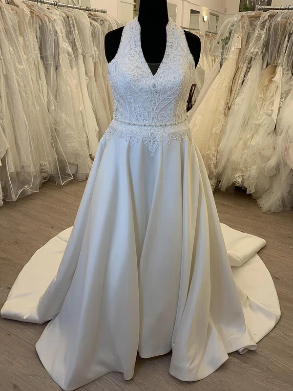 Ball Gown/Princess V-neck Satin Sweep Train Wedding Dress With Appliques Lace #UKM00028568