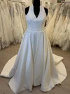Ball Gown/Princess V-neck Satin Sweep Train Wedding Dress With Appliques Lace #UKM00028568