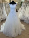Ball Gown/Princess Scoop Neck Lace Tulle Sweep Train Wedding Dress With Bow #UKM00028569
