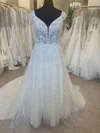 Trumpet/Mermaid V-neck Tulle Court Train Wedding Dress With Appliques Lace #UKM00028570