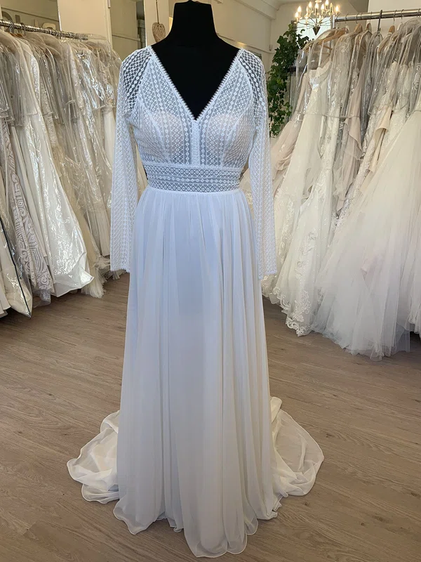 A-line V-neck Chiffon Sweep Train Wedding Dress With Ruched #UKM00028571
