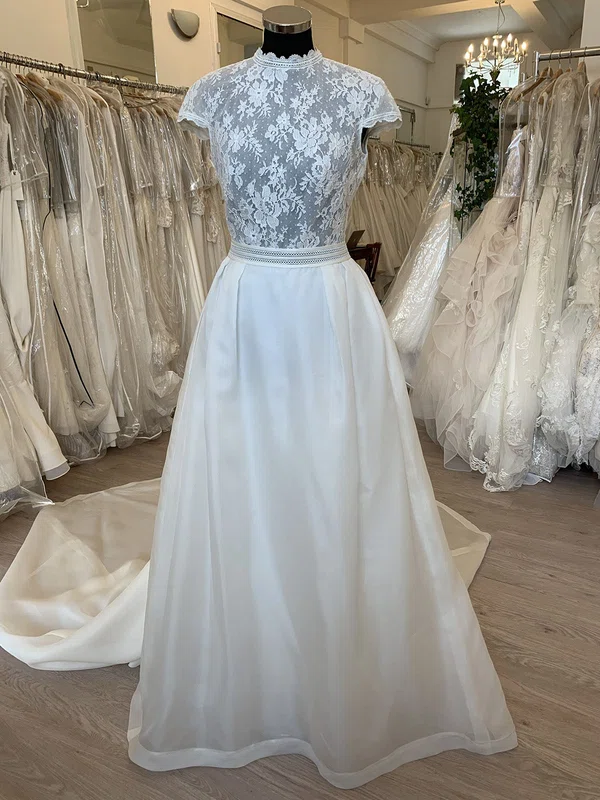 Ball Gown/Princess High Neck Lace Organza Court Train Wedding Dress With Ruched #UKM00028575