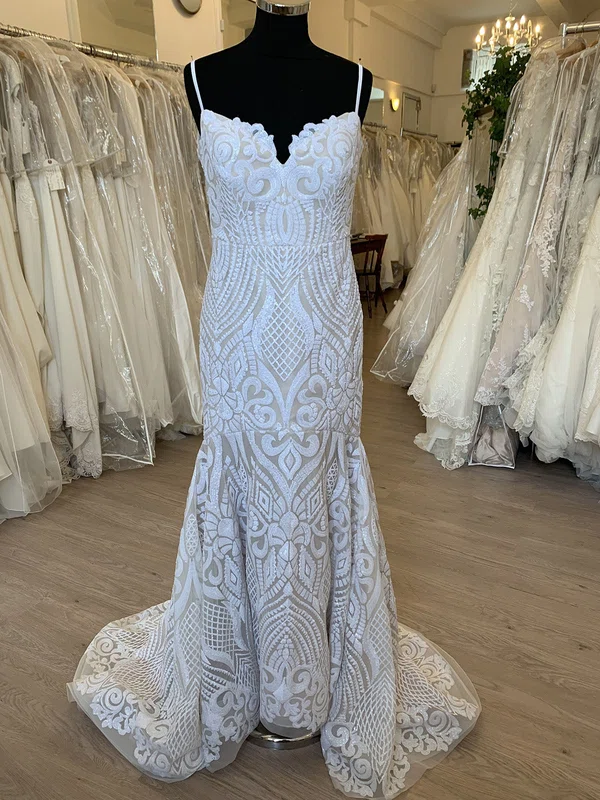 Sheath/Column V-neck Glitter Lace Sweep Train Wedding Dress #UKM00028580
