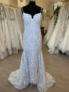 Sheath/Column V-neck Glitter Lace Sweep Train Wedding Dress #UKM00028580