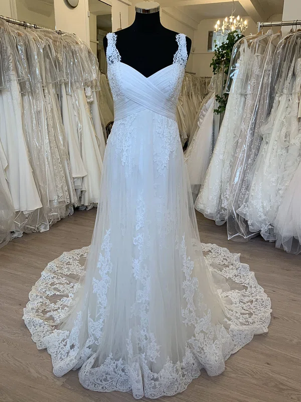 Ball Gown/Princess V-neck Lace Tulle Court Train Wedding Dress With Ruched #UKM00028582