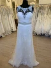 Sheath/Column Illusion Tulle Lace Sweep Train Wedding Dress With Beading #UKM00028585