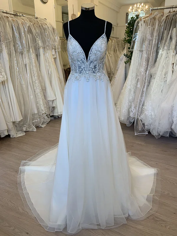 A-line V-neck Tulle Sweep Train Wedding Dress With Beading #UKM00028587