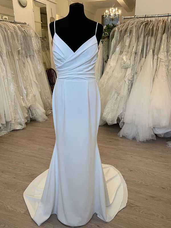 Sheath/Column V-neck Chiffon Sweep Train Wedding Dress With Ruched #UKM00028595