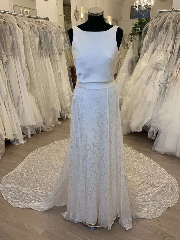 A-line Scoop Neck Tulle Stretch Crepe Court Train Wedding Dress With Ruched #UKM00028596