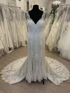 Trumpet/Mermaid V-neck Tulle Sweep Train Wedding Dress With Ruched #UKM00028597
