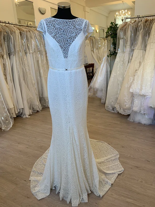 Sheath/Column Illusion Lace Sweep Train Wedding Dress #UKM00028598